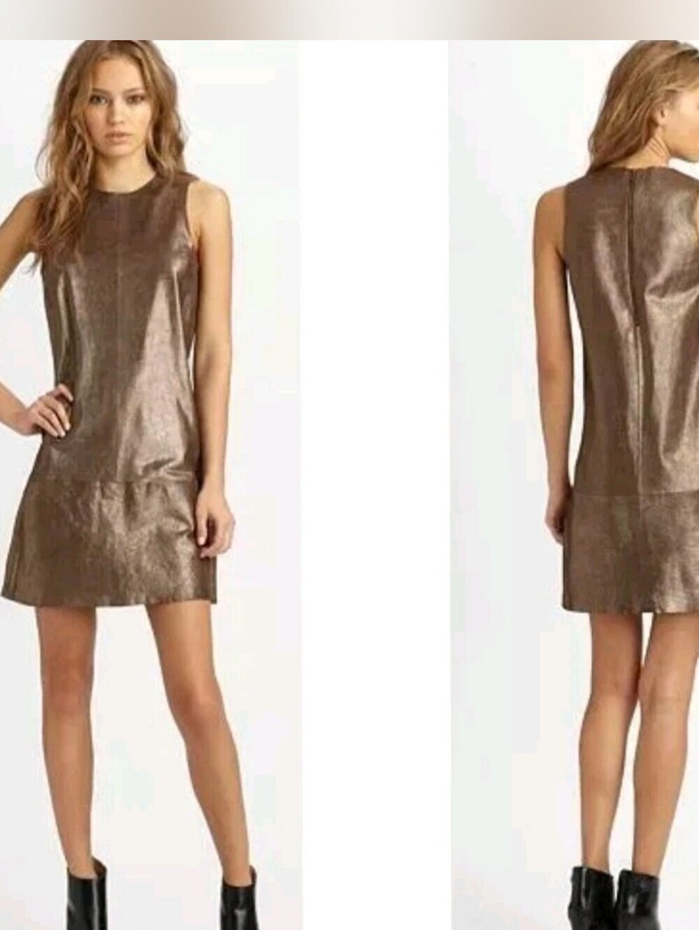 Vince Metallic Foiled Leather Suede Mini Dress Bronze Cocoa Western Luxe Size 2